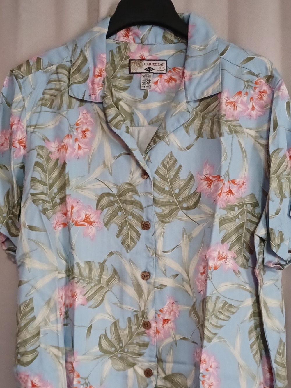Vintage Caribbean Joe Women's Plus 2X Tropical Hawaiian Shirt Pastel Blue Pink - Picture 3 of 14
